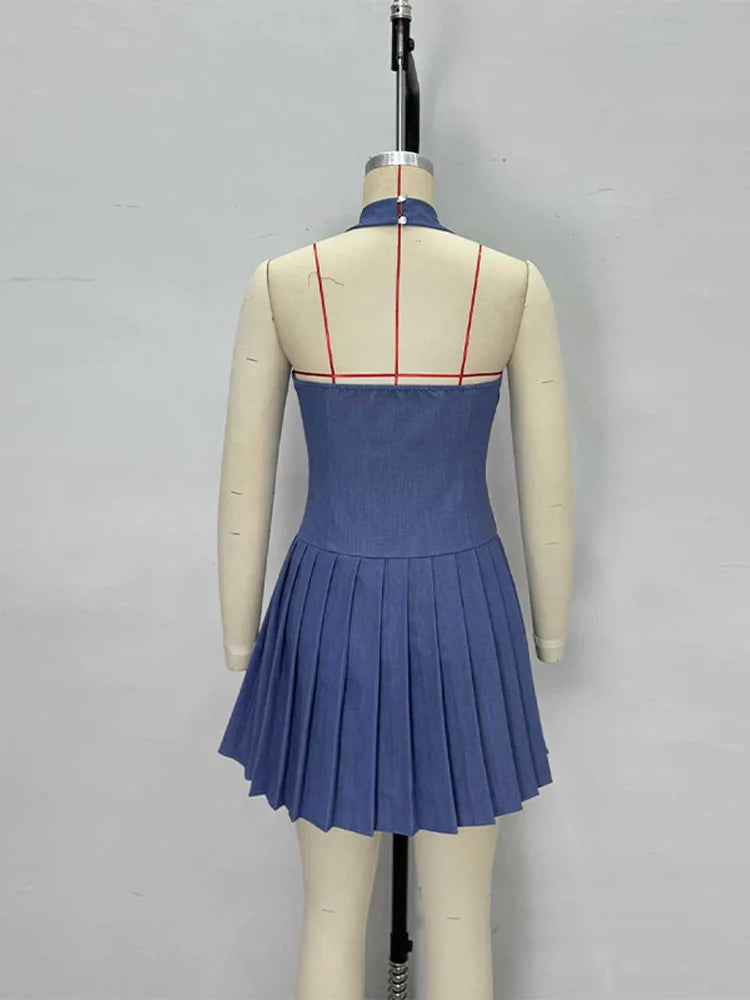 LIZAKOSHT  -  Fashion Pleated Halter Jeans Short Dress For Women Metal Button High Waist Mini Dress Lady Summer New Chic Street Vestidos