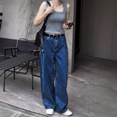 LIZAKOSHT  -  Summer New Women's Big Pocket Embroidered Jeans Harajuku Retro Fashion Casual Trend Street Hip-Hop Simple Loose Women's Bottoms