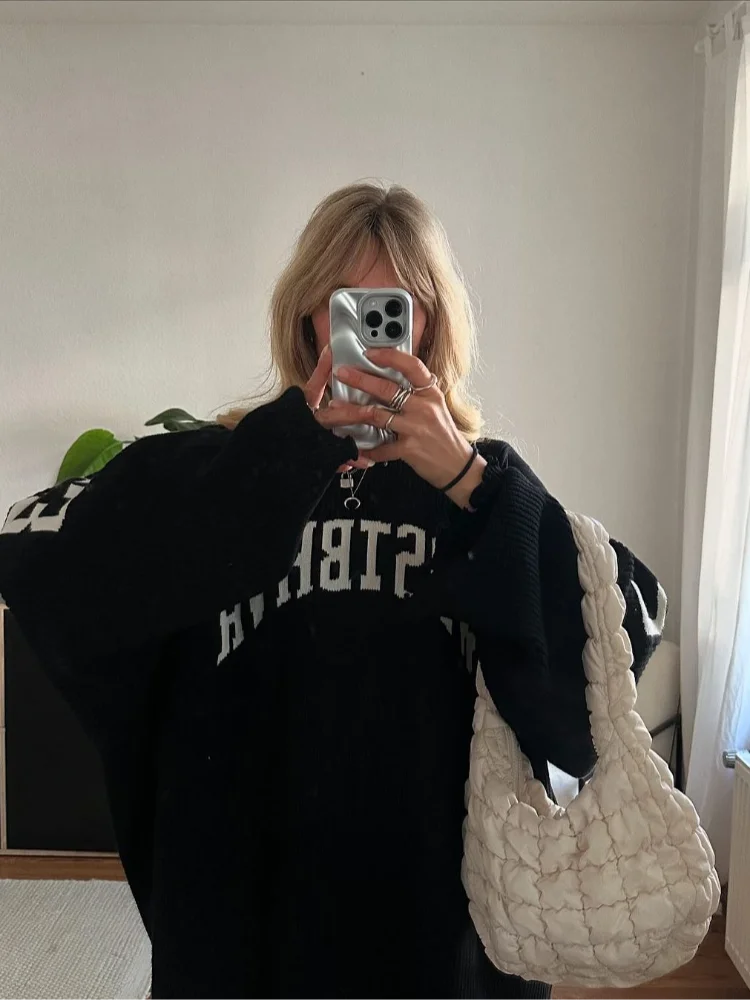 LIZAKOSHT  -  Fashion Letter Printing Knit Sweater For Women Casual O-neck Distressed Hem Oversized Pullover Lady Autumn Streetwear Tops