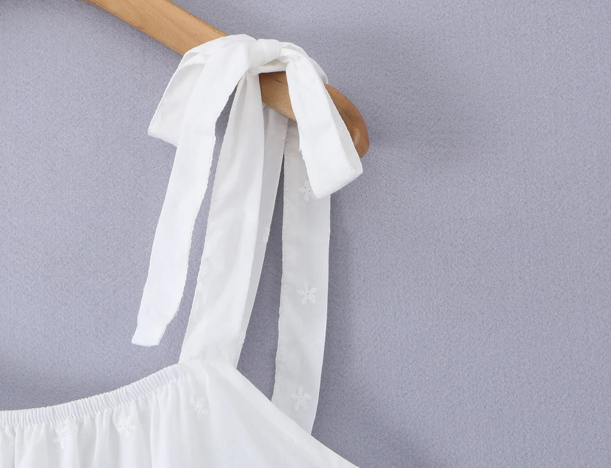 LIZAKOSHT  -  Bohemian White Embroidery Flower Tide Bow Spaghetti Strap Dress Woman Wood ears Ruffles Hem Swing Loose Swing Mini Dresses Robe