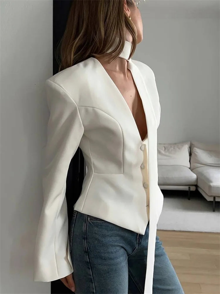 LIZAKOSHT  -  Fashion V-Neck Elegant Blazers Coat Women Commute Patchwork Lace-Up Solid Autumn New Clothes Female Outwear jacket