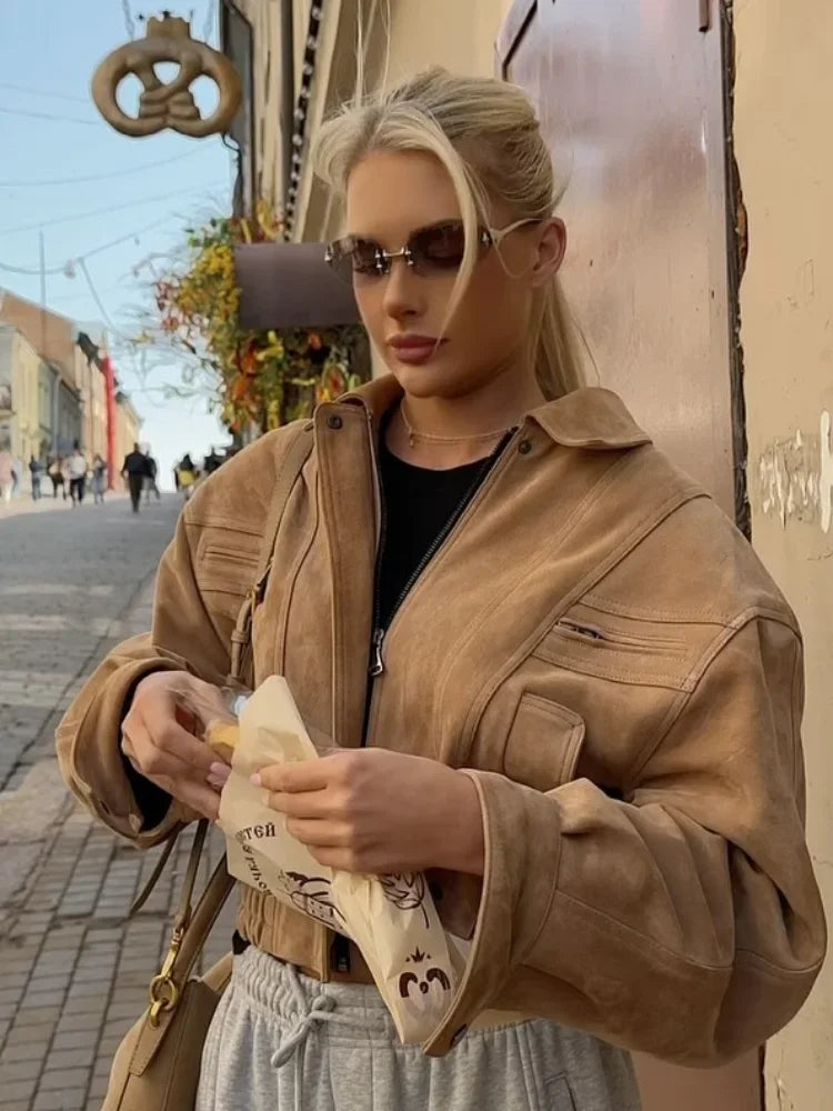 LIZAKOSHT  -  Elegant Camel Cropped Suede Jacket Women Lapel Full Sleeve Pocket Zipper Short Coat New Causal Autumn Lady Daily Streetwear 2025