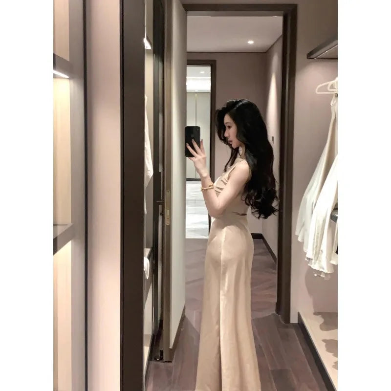 LIZAKOSHT  -  French Temperament Satin Dress New Summer Oblique Shoulder Sling Collar Fishtail Skirt for Women