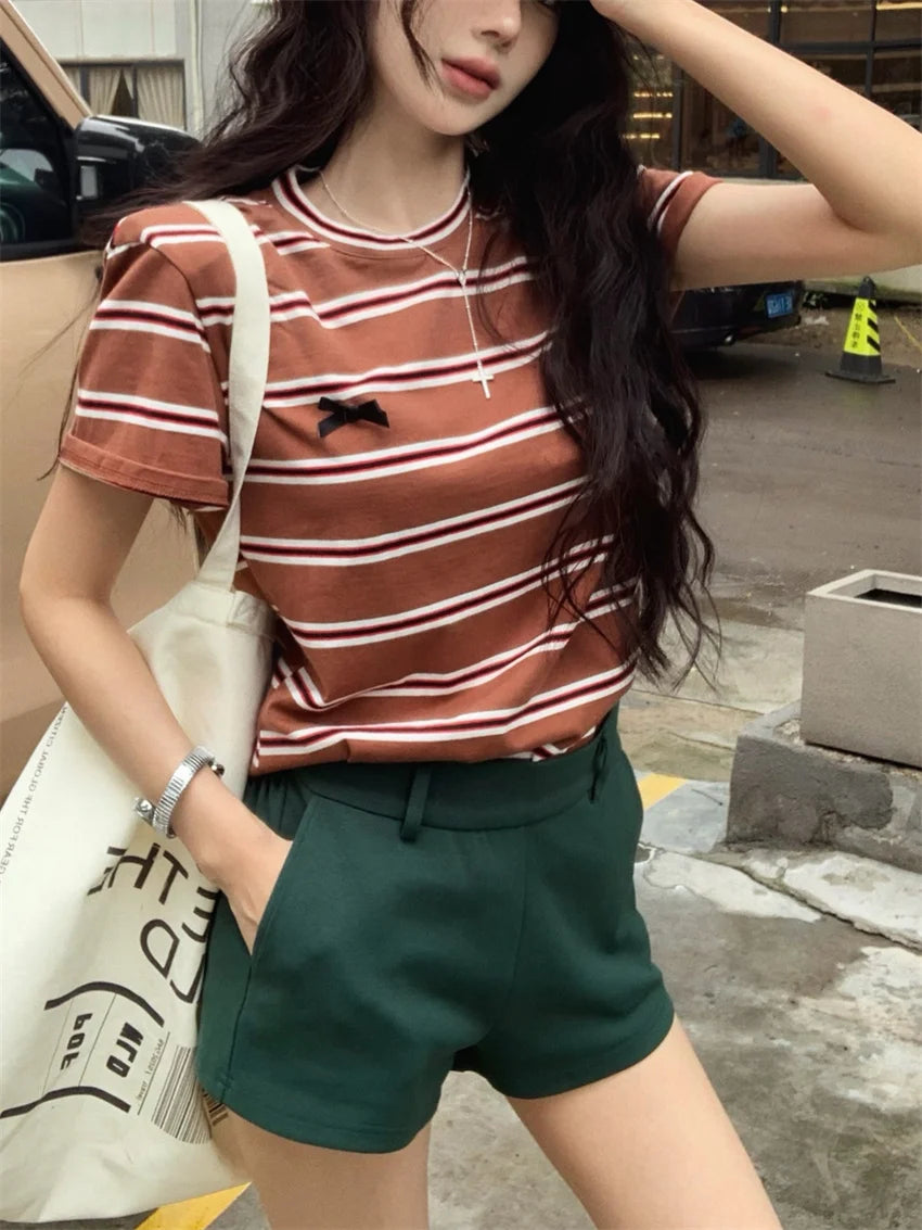 LIZAKOSHT  -  Hot Sale Women T-Shirt Stripes All Match Summer Short Sleeve Daily Casual Shorts 2024 New Office Lady High Street