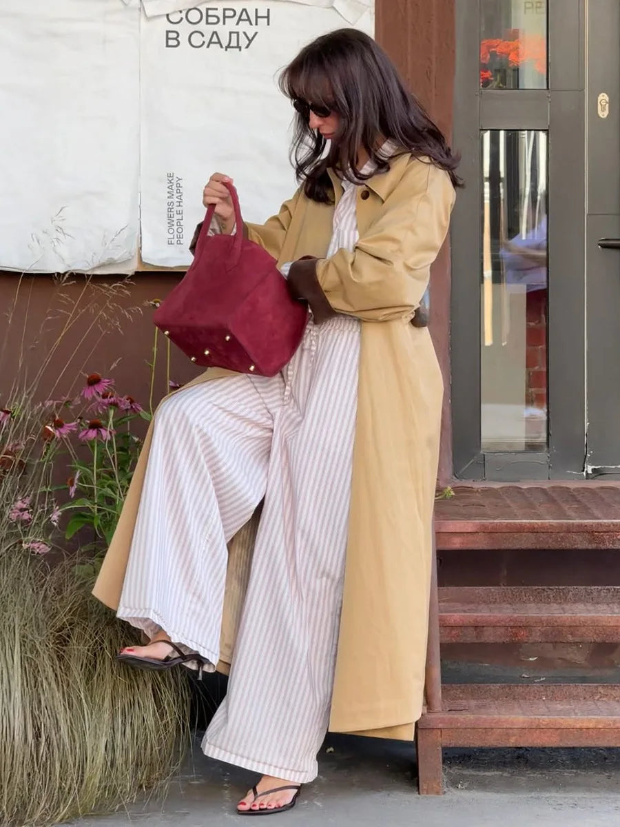 LIZAKOSHT  -  Elegant Cotton Trench Coats for Women 2025 Autumn Turn-down Collar Single Breasted Long Outerwears Ladies Windbreaker