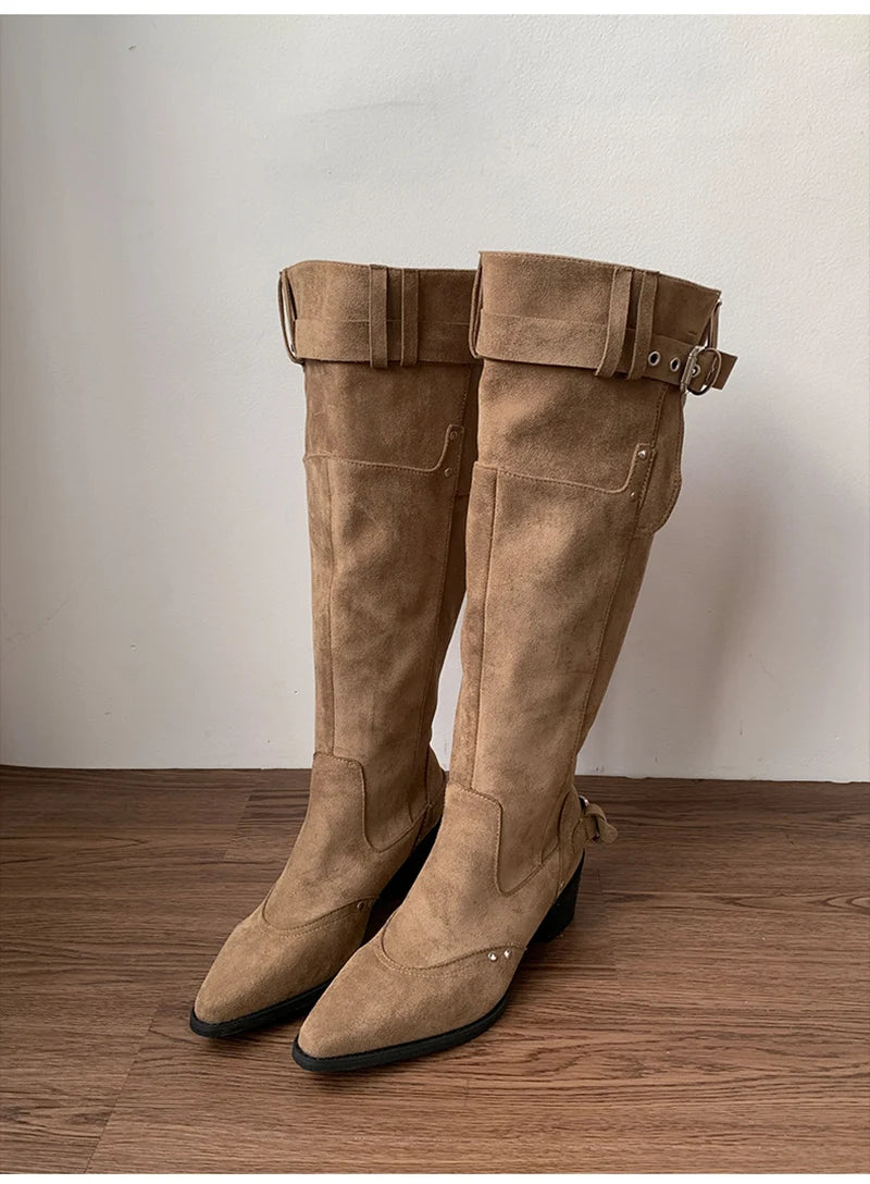 LIZAKOSHT  -  Vintage Rivet Hottie Women Knee-High Boots Fashion Belt Buckle Female Pleated Knight Long Booties Shoes