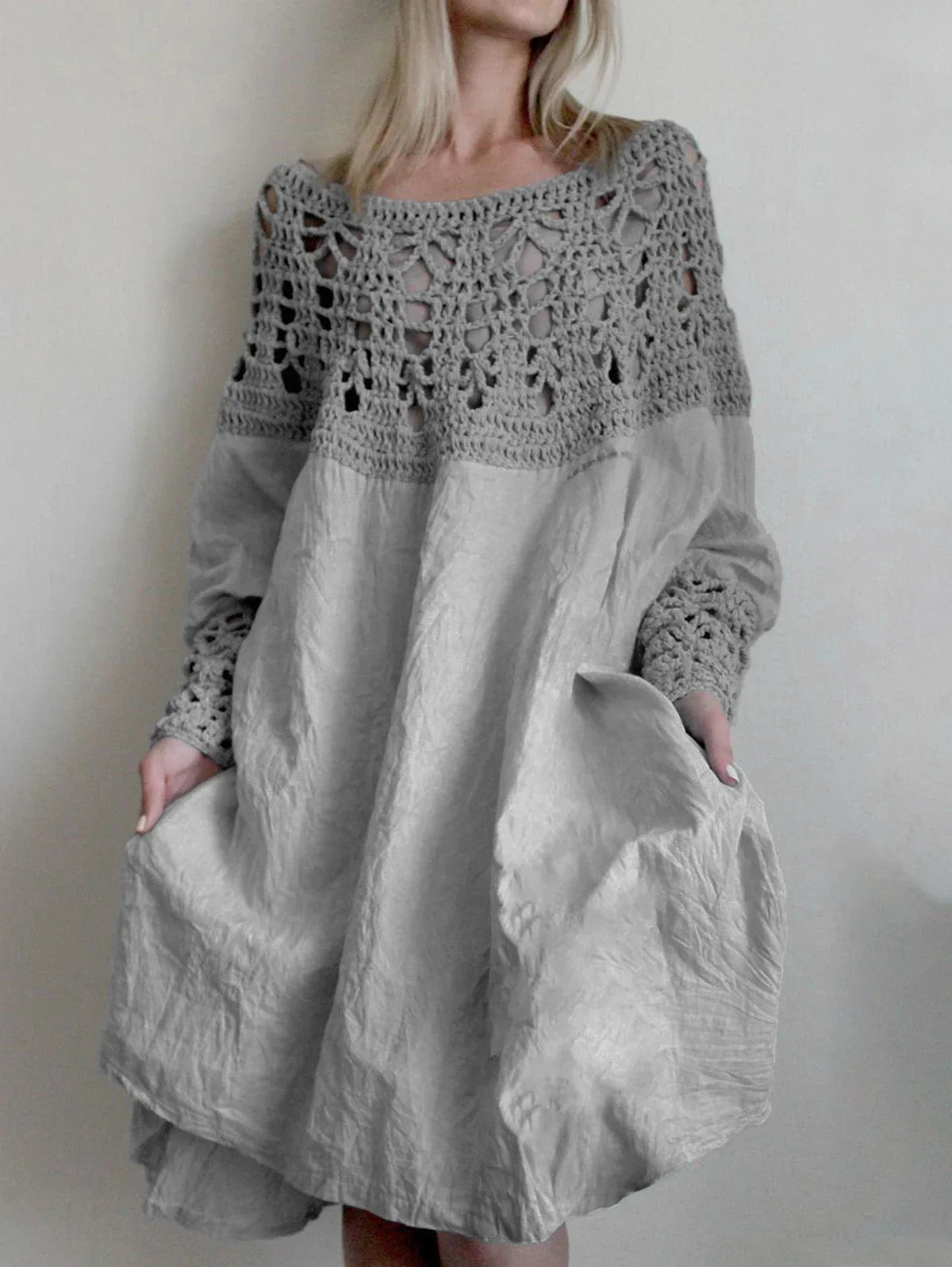 LIZAKOSHT  -  Elegant Dress for Women Solid Color Loose Fit Knee-Length Dress Hollow Out Patchwork Long Sleeve Dress Vestidos Femme