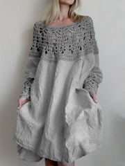 LIZAKOSHT  -  Elegant Dress for Women Solid Color Loose Fit Knee-Length Dress Hollow Out Patchwork Long Sleeve Dress Vestidos Femme