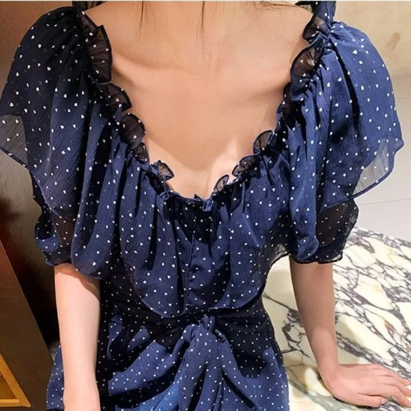 LIZAKOSHT  -  Women Dresses V Neck Polka Dot Ruffles Spring Summer Elegant Long Dress Korean Fashion Vintage Sweet Vestidos Mujer