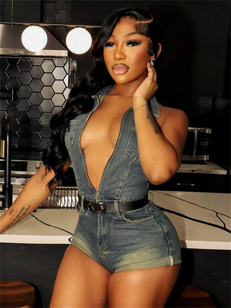 LIZAKOSHT  -  Summer Lapel Sleeveless Zipper Denim Romper Hipster Streetwear For Women 2024 Halter Backless Sexy Rolled Jeans Jumpsuit