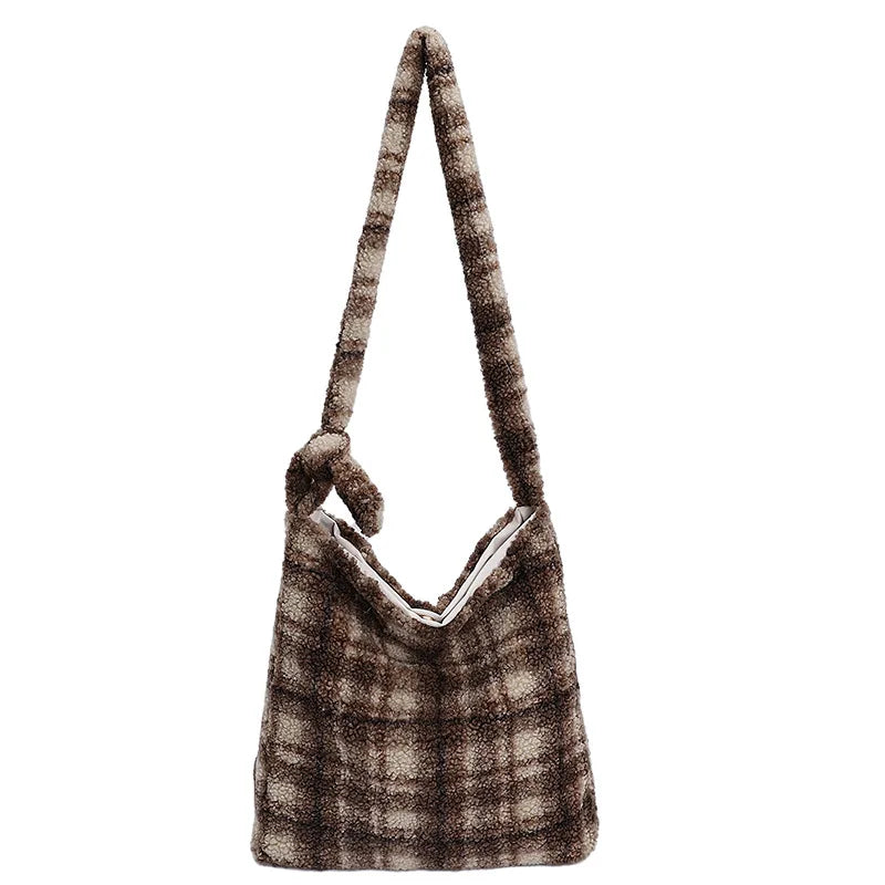 LIZAKOSHT  -  New Winter Autumn Plaid Furry Crossbody Bag Women Large Capacity Retro Shoulder Tote Bucket Bag Simple and Versatile Storage Bag