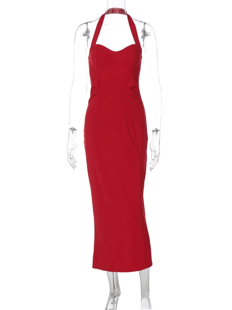 LIZAKOSHT  -  Women Sexy Halter Neck Sleeveless Solid Red Dress Lady Elegant Backless High Waist Ruched Tunics Slim Party Club Dresses