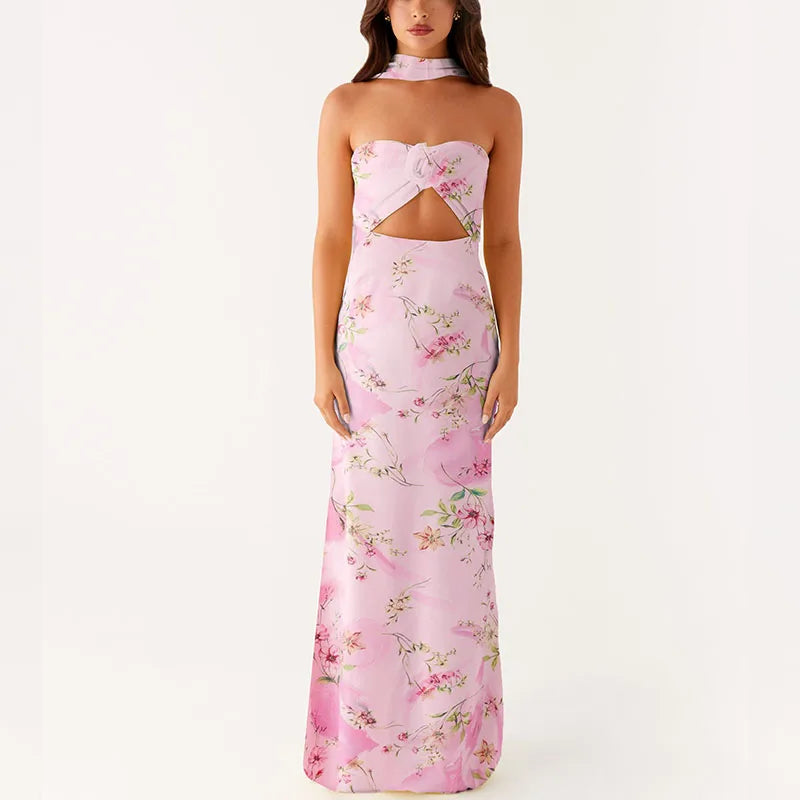 LIZAKOSHT  -  Women 3D Floral Tube Strapless Maxi Bodycon Dress with Scarf Sexy Club Party Y2k Summer Backless Mesh Long Dresses