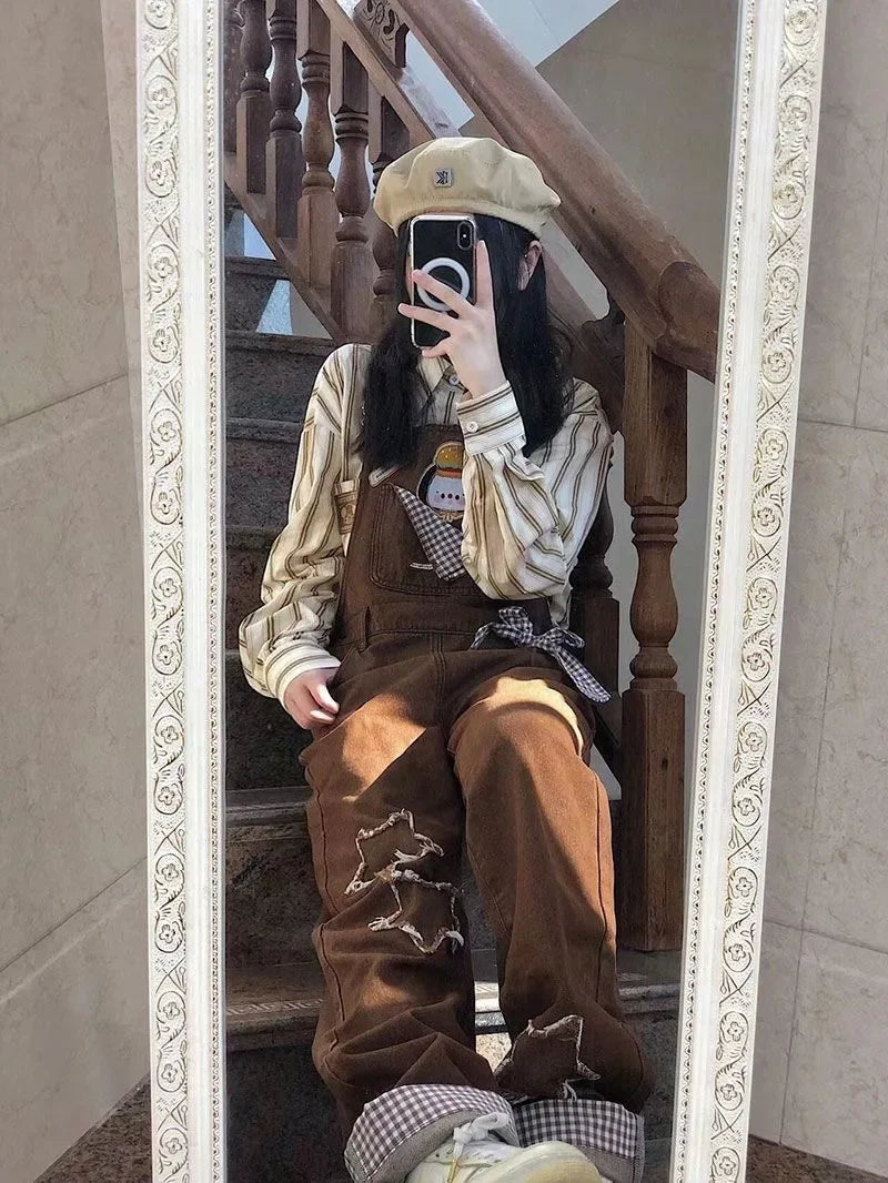 LIZAKOSHT  -  Women's Brown Straps Jeans Straight Vintage Baggy Casual Fashion Wide Leg Pants Self Cultivation Denim Trouser Ladies