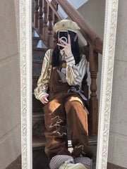 LIZAKOSHT  -  Women's Brown Straps Jeans Straight Vintage Baggy Casual Fashion Wide Leg Pants Self Cultivation Denim Trouser Ladies