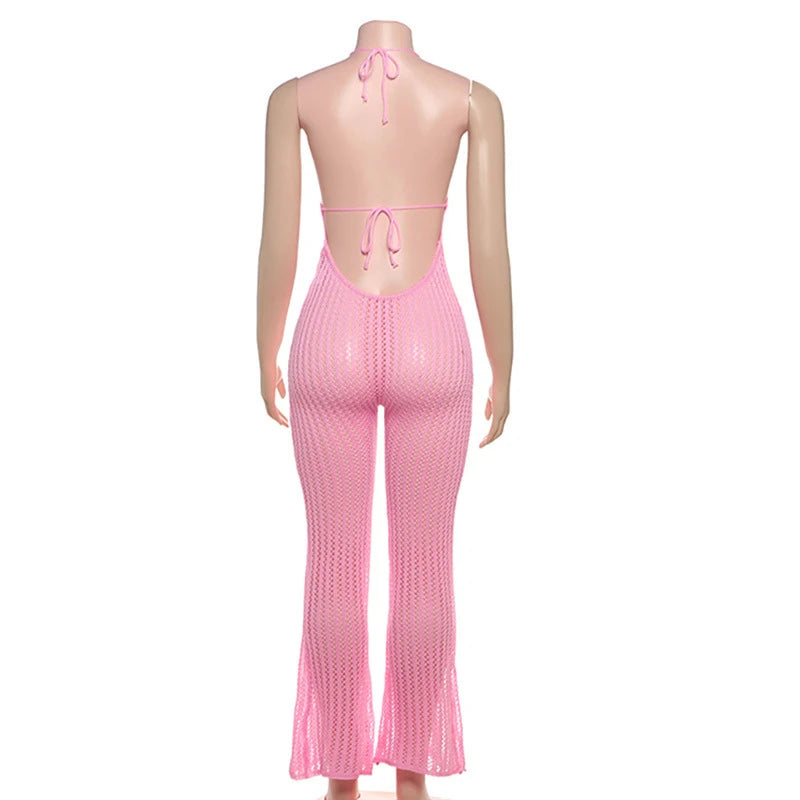 LIZAKOSHT  -  Knitted Halter High Elasticity See Through Halter Backless Solid Color Floral Appliques Club Street Low Cut Jumpsuit for Women