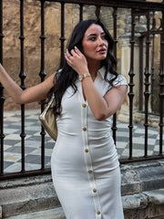 LIZAKOSHT  -  Elegant Long Dress Women 2025 New Summer Chic Sleeveless Ruched Single Breasted Midi Dresses Office Lady Vintage Causal Dress