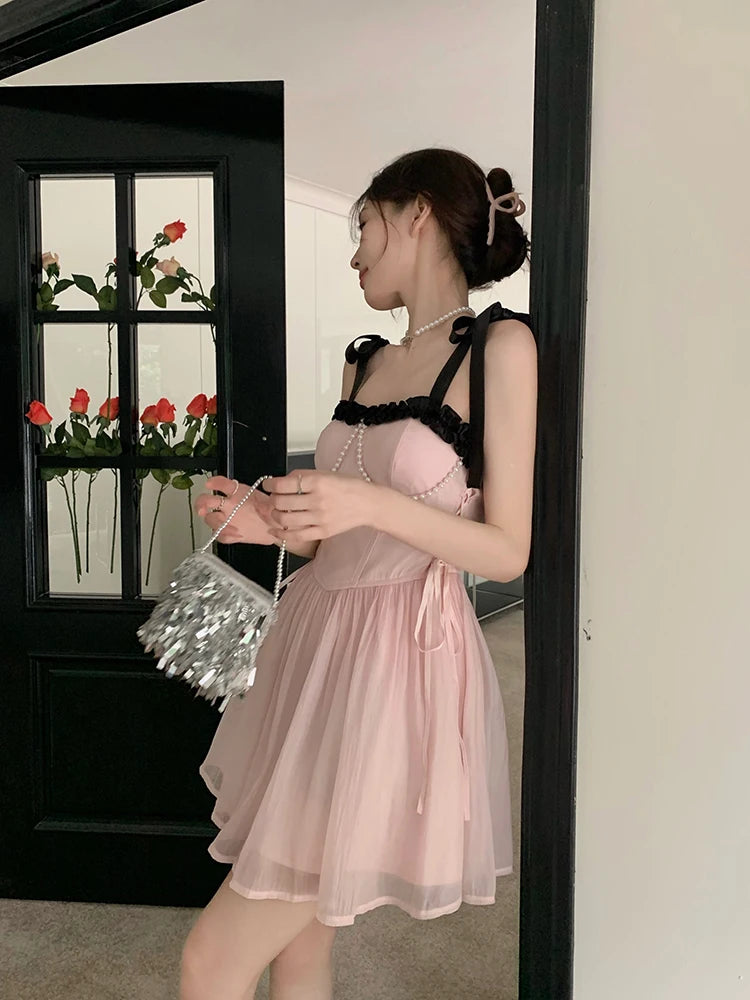 LIZAKOSHT  -  Sweet Y2k Pink Mini Dress Women Summer Princess Style Spaghetti Strap Pearl Beading Party Holiday Dress Retro Vestido Sundress