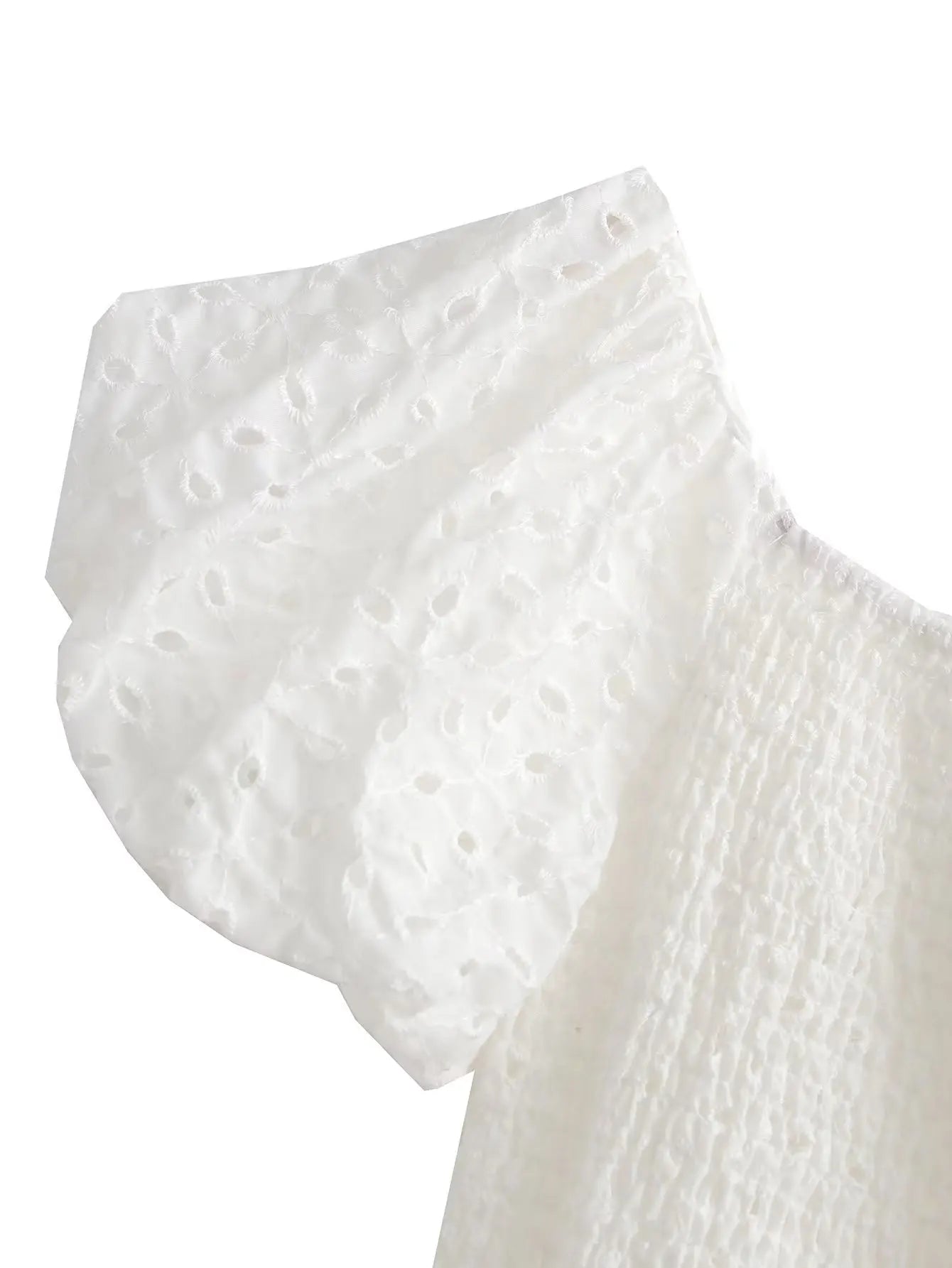 LIZAKOSHT  -  White Floral Embroidery Lace Mini Dresses for Women Off Shoulder Puff Sleeve Shirred Chest Short Dress Summer Boho Beach