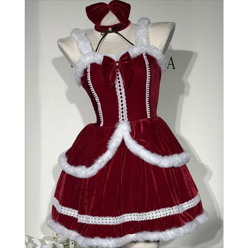  LIZAKOSHT  -  Women Christmas Wine Red Lace Fuzzy Trim Sleeveless A‑Line Dress with Bow Headband Festival Costume
