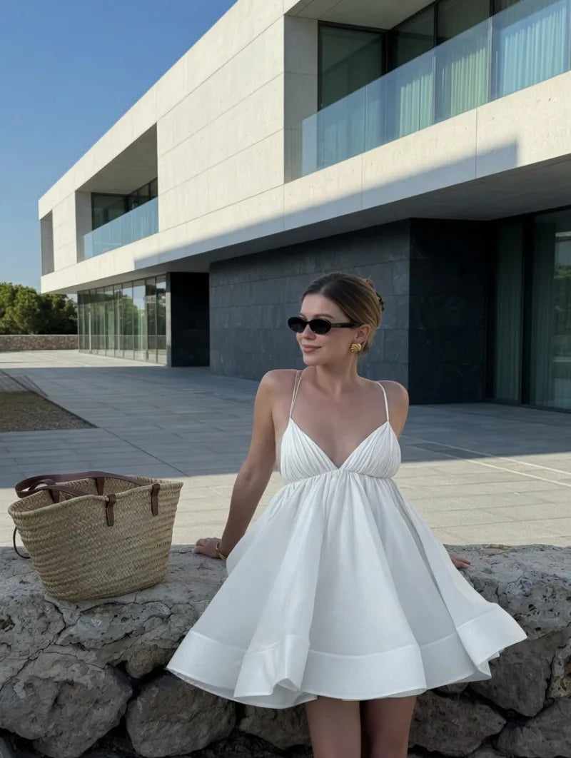 LIZAKOSHT  -  Vacation Beach Dress For Women Summer Sexy Deep V Neck Loose Solid Camisole Dresses Fashion Bandage Backless Ruffle Party Dress