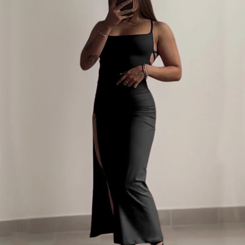 LIZAKOSHT  -  Sexy Holiday Backless Lace Up Long Dress Women Split Sleeveless Bodycon Party Evening Dresses High Street Female Suspender Robes
