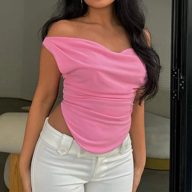 LIZAKOSHT  -  Elegant Women's Clothing Off Shoulder Slash Neck Solid Irregular Pleated Summer Daily T-shirt Sleeveless Y2k Slim Tops