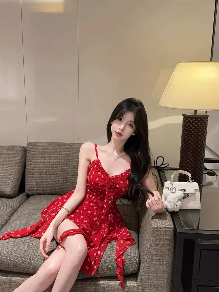 LIZAKOSHT  -  Camis Sexy Floral Printed Irregular Ruffles Slim Patchwork Flowers Vintage Summer Fashion Sweet Tank Tops Ladies Casual