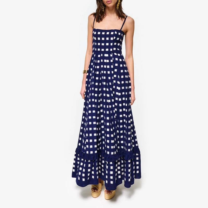 LIZAKOSHT  -  Boho Beach Vintage Plaid A-line Dress Checkerboard Print Ruffles Trim Flowy Dress Women Spaghetti Strap Maxi Dress