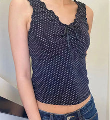 LIZAKOSHT  -  Women Black Wave Dot Fungus Trim Slim Crop Top Summer Bow V-neck Sleeveless Cropped Camis Sweet Girl Cute Preppy Style Tank Tops