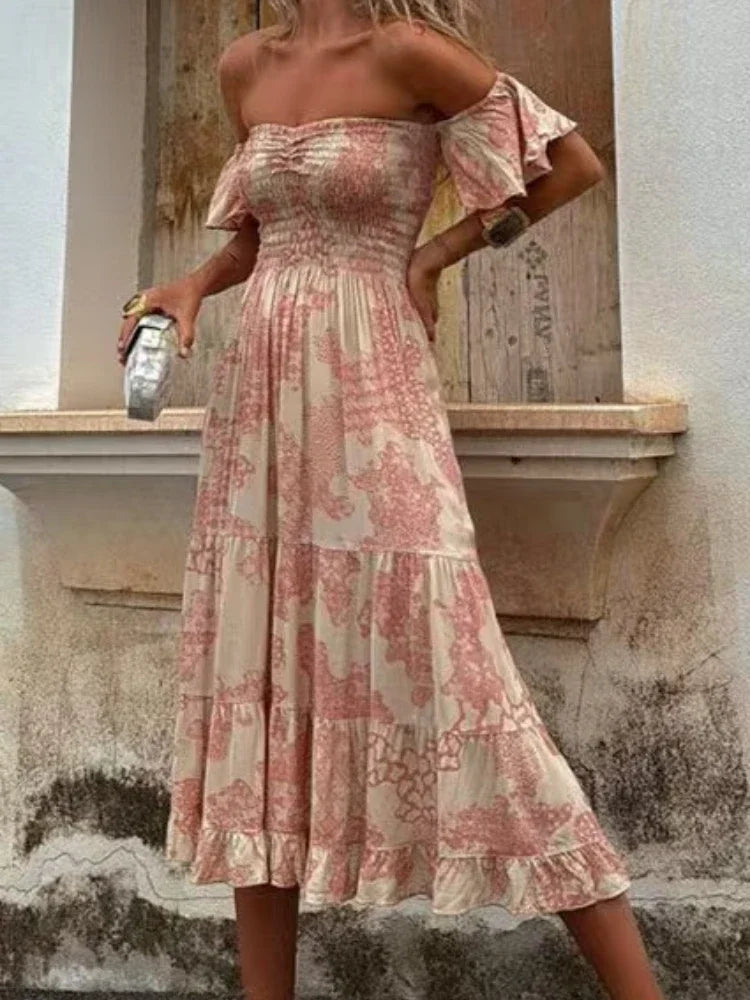LIZAKOSHT  -  Summer Fashion Women's Elegant Dress Color Blocked Print Off Shoulder Strapless Sexy Lotus Leaf Sleeve Vacation Long Dress