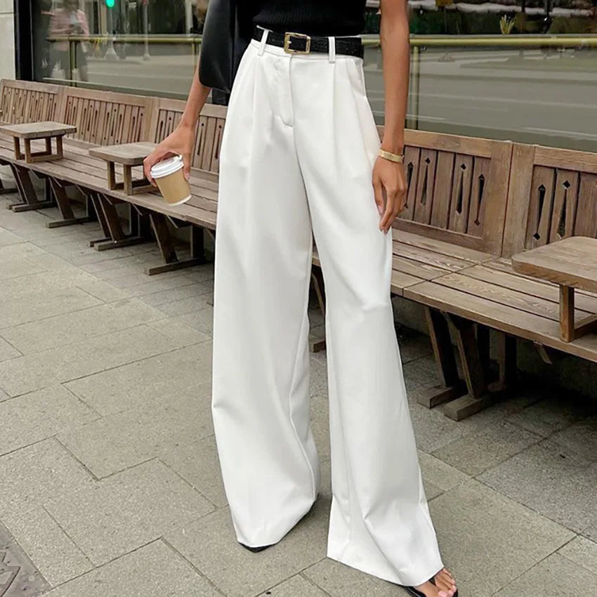 LIZAKOSHT  -  White Wide Leg Pants Women's Slimming Loose Casual Trousers High Waist Comfortable Polyester Fiber Commute Sle Daily Wear
