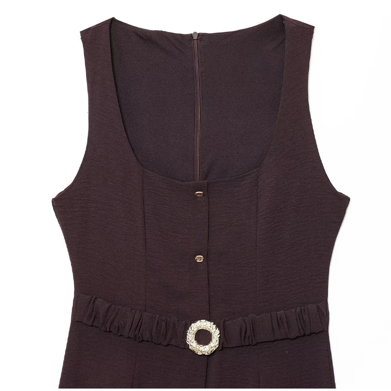 LIZAKOSHT  -  Elegant Single-Breasted Belt Sling Dress Women Fashion Sleeveless Waist-Cinching Pleated Robe 2025 Female Office New Dresses