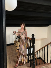 LIZAKOSHT  -  Women's Irregular Dress Sexy Elastic Niche Design Slim Floral Long Sleeve Dresses Elegant Cross-knot Long Dress Summer New Style