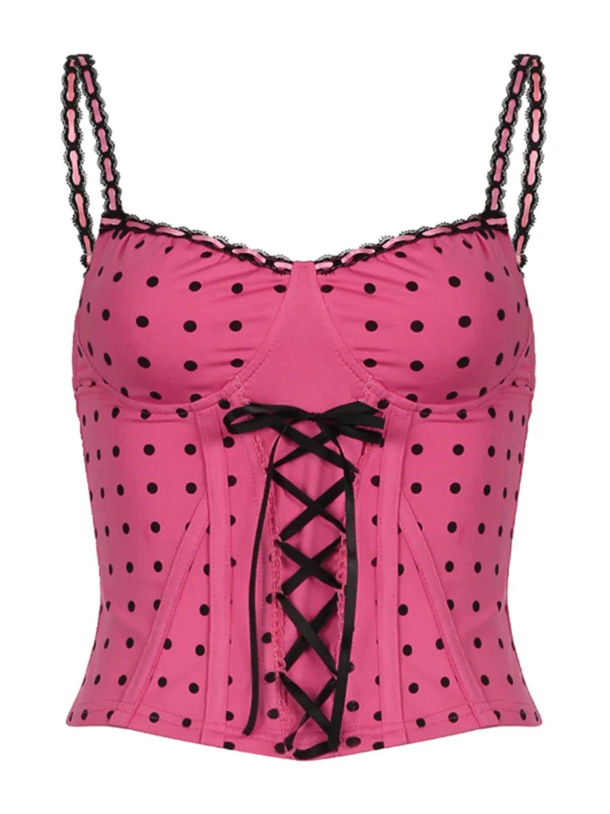 LIZAKOSHT  -  Fashionable Pink and Black Seductive Niche Polka Dot Strap Strap Top+sexy Sweet Striped Pleated Skirt