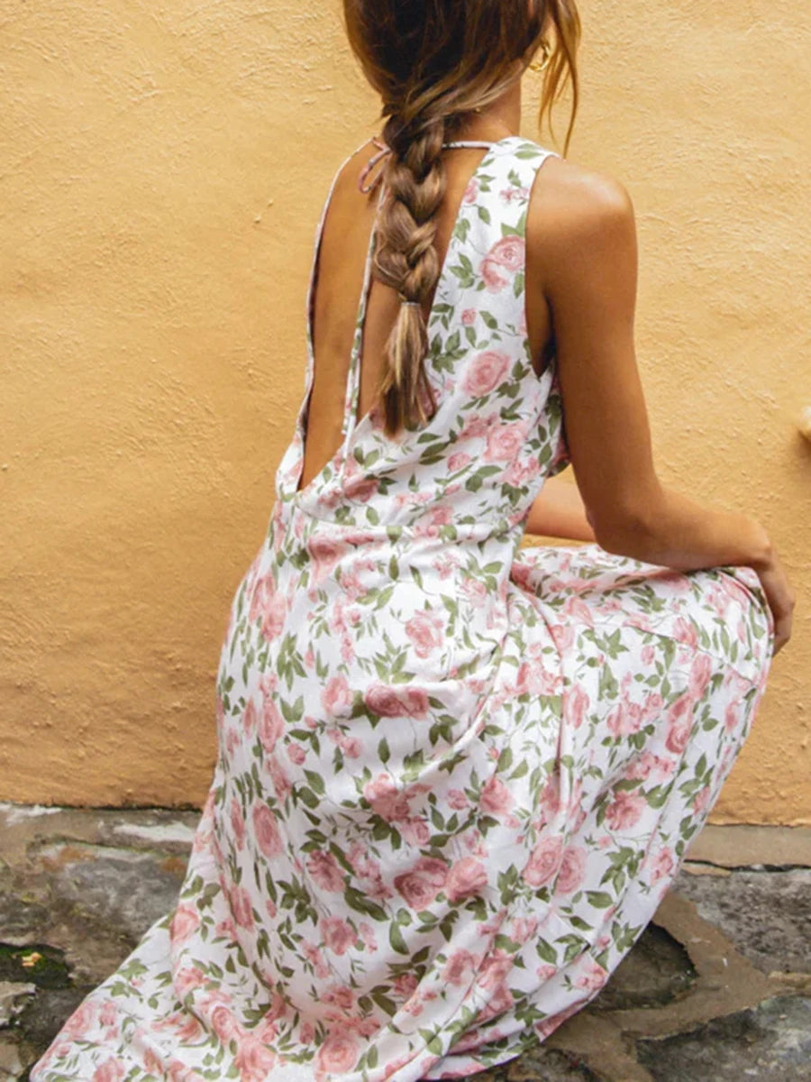LIZAKOSHT  -  Women Y2k V Neck Maxi Dress Vintage Floral Print Sleeveless Backless Long Dress Bohemian Beach Midi Dress Streetwear