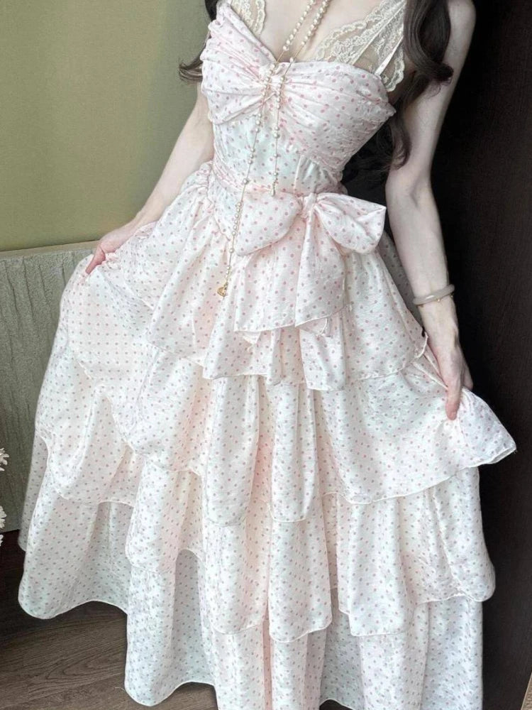 LIZAKOSHT  -  Summer French Polka Dot Design Strap Dress Women Sweet Princess Slim Sleeveless Long Dress Japanese Fashion Lovely Sexy Outfits