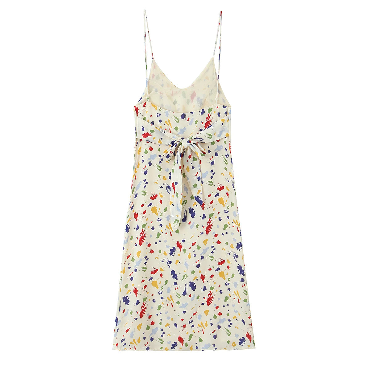 LIZAKOSHT  -  Holiday Women Beige with Colored Geometric Dot Print Sling Dress V Collar Tie Bow Back Midi Long Dresses Vestidos Summer Robe