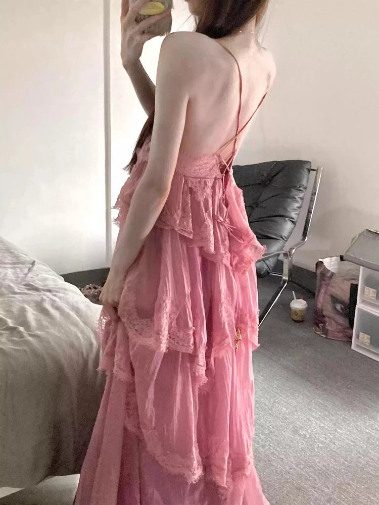 LIZAKOSHT  -  New French Sexy Sweet Long Dress Women Chic Y2k Fairy Slim Backless Pink Dress Japanese Casual Holiday Style Lace Design Outfits