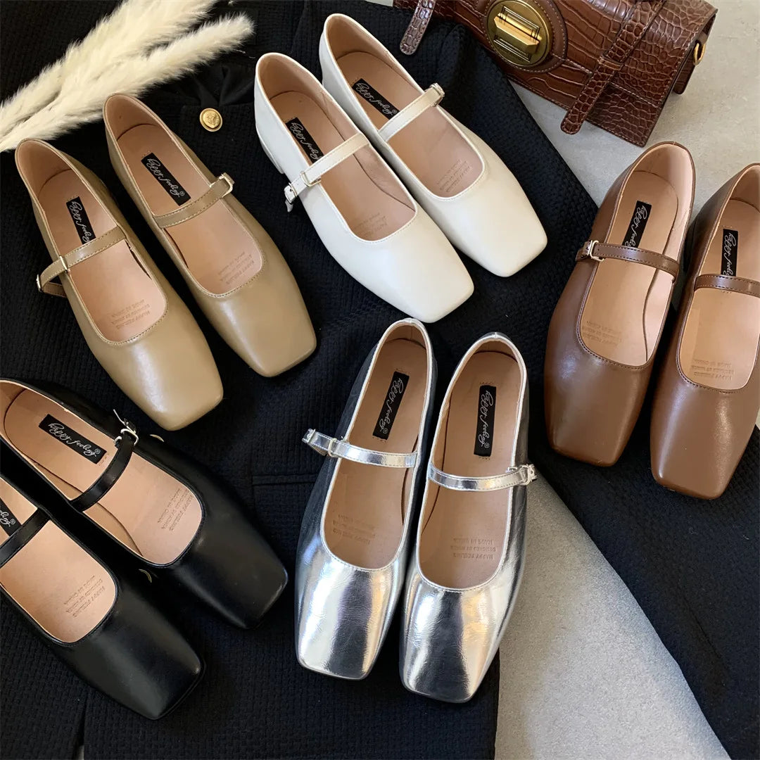 LIZAKOSHT  -  Strap Women flats square toe silver leather loafers shoes for women ladies mary janes shoes thick heel zapatos mujer
