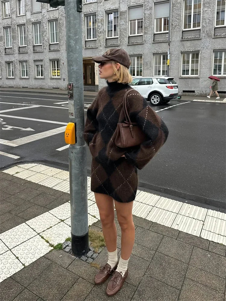 LIZAKOSHT  -  Women's Brown Argyle Pattern Turtleneck Sweater Fluffy Knit Long Sleeve Casual Pullover 2025 Autumn Winter Female Warm Knitwear