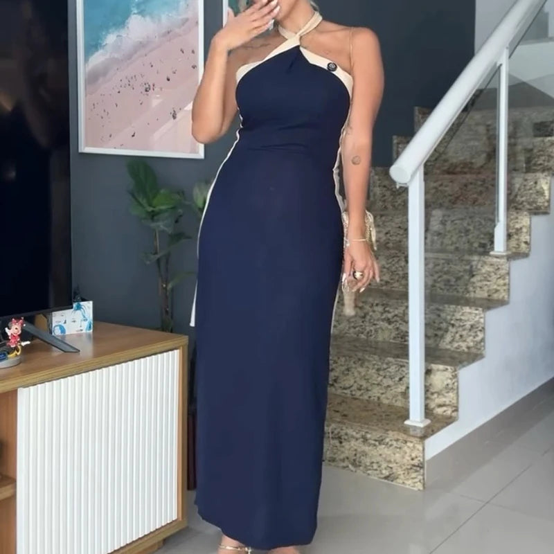 LIZAKOSHT  -  Women Fashion Cotton Linen Split Long Dress Elegant Sleeveless Backless Solid Party Dresses Sexy Cross Halter Temperament Dress