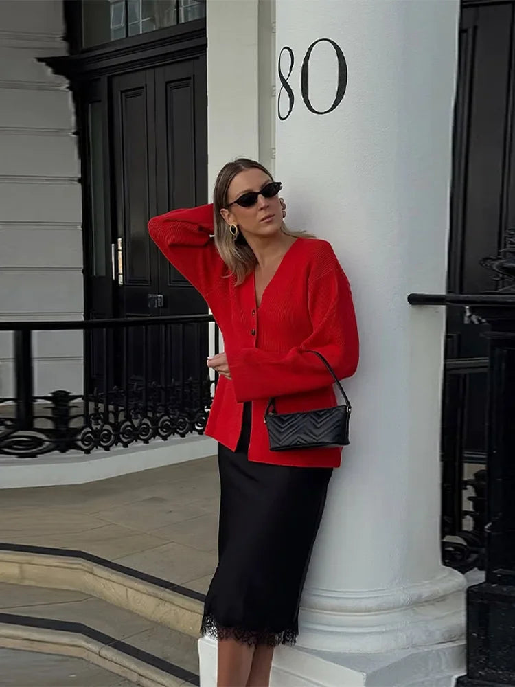 LIZAKOSHT  -  Fashion Solid V-neck Knitted Cardigan Women Solid Full Sleeve Single Breasted Slim  Cardigan 2025 Lady Early Autumn Chic Outwear