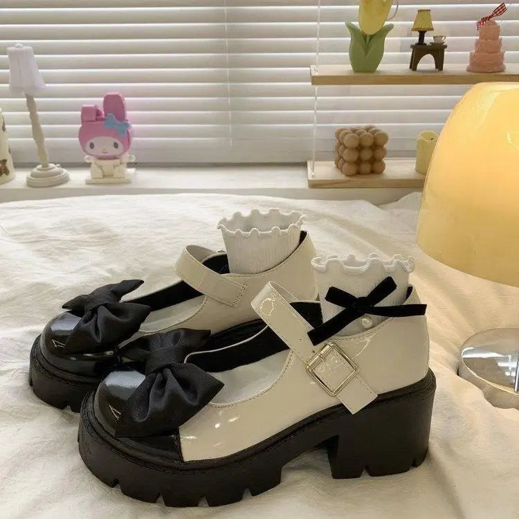 LIZAKOSHT  -  Lolita Thi Heel Little Girl Student oes  Knot PU Lined Faion Single oes round Toe Rubber Outsole Pure Color