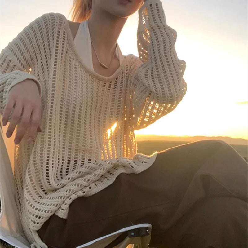LIZAKOSHT  -  Outer Cover for Women 2024 Spring Summer Thin Long Lazy Air Conditioning Sweater Premium Top Long Sleeve Hollow Knitted Sweater