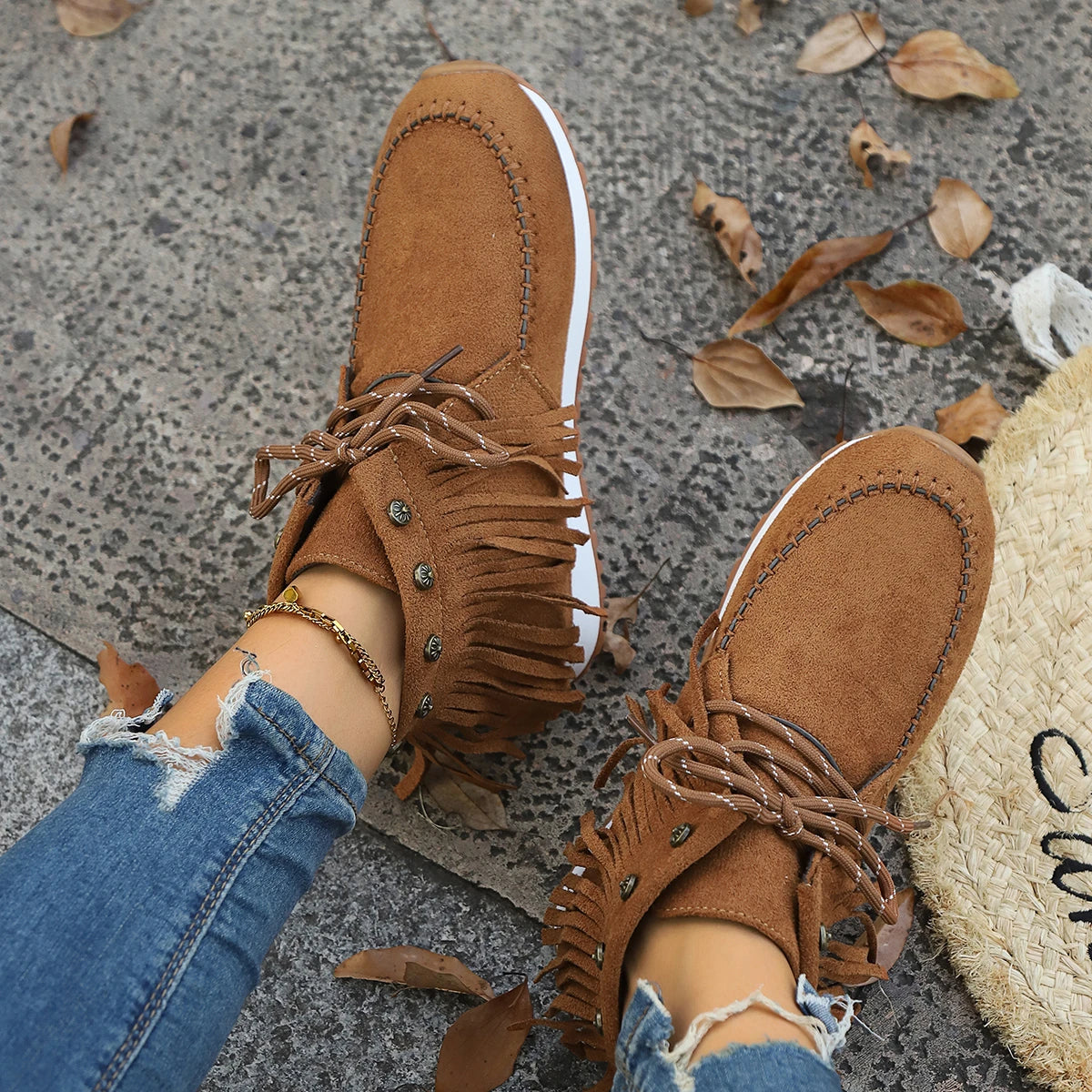 LIZAKOSHT  -  Trendy Womens Tassel Ankle Boots Brown Faux Suede Lace Up Flat Booties Woman Comfort Solid Color Casual Short Botas Mujer