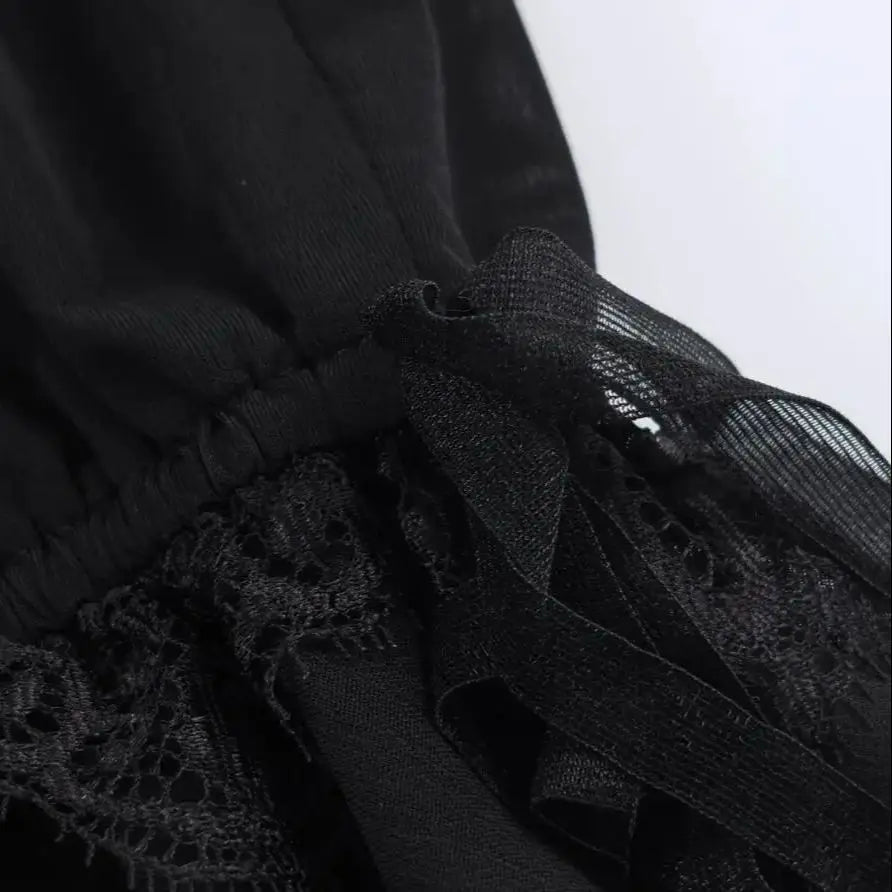 LIZAKOSHT  -  Spring Summer Black Chiffon Lantern Pants Women Spliced Lace Elastic Waist Ruffles Cuff Long Loose Trousers Full Length Bottom