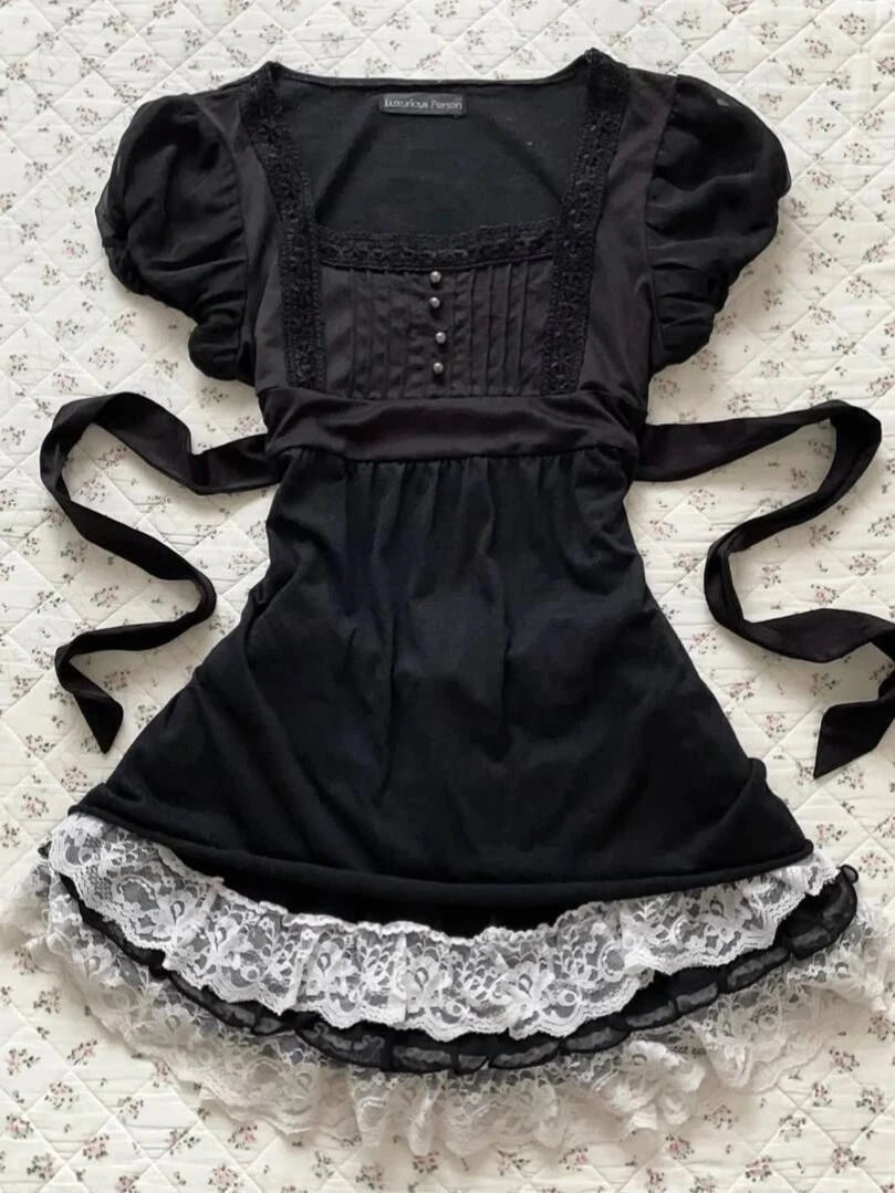 LIZAKOSHT  -  Gentle Sexy Dark Subculture 2000s T Shirts Summer Gothic Harajuku Aesthetic Short sleeve Femme Slim Girdling Waist Lace T Shirts