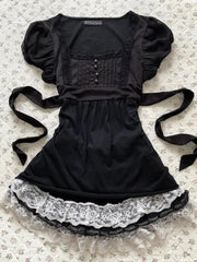 LIZAKOSHT  -  Gentle Sexy Dark Subculture 2000s T Shirts Summer Gothic Harajuku Aesthetic Short sleeve Femme Slim Girdling Waist Lace T Shirts