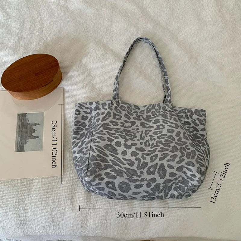 LIZAKOSHT  -  Silver Leopard Print Canvas Leisure Tote Bag Large Capacity Commuter Shoulder Bag Fashion Simple and Lightweight Storage Bags